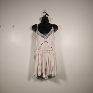 POL Knit Romper Womens S Beige Lace Stretch Pockets Boho Neutral Comfy Beachy